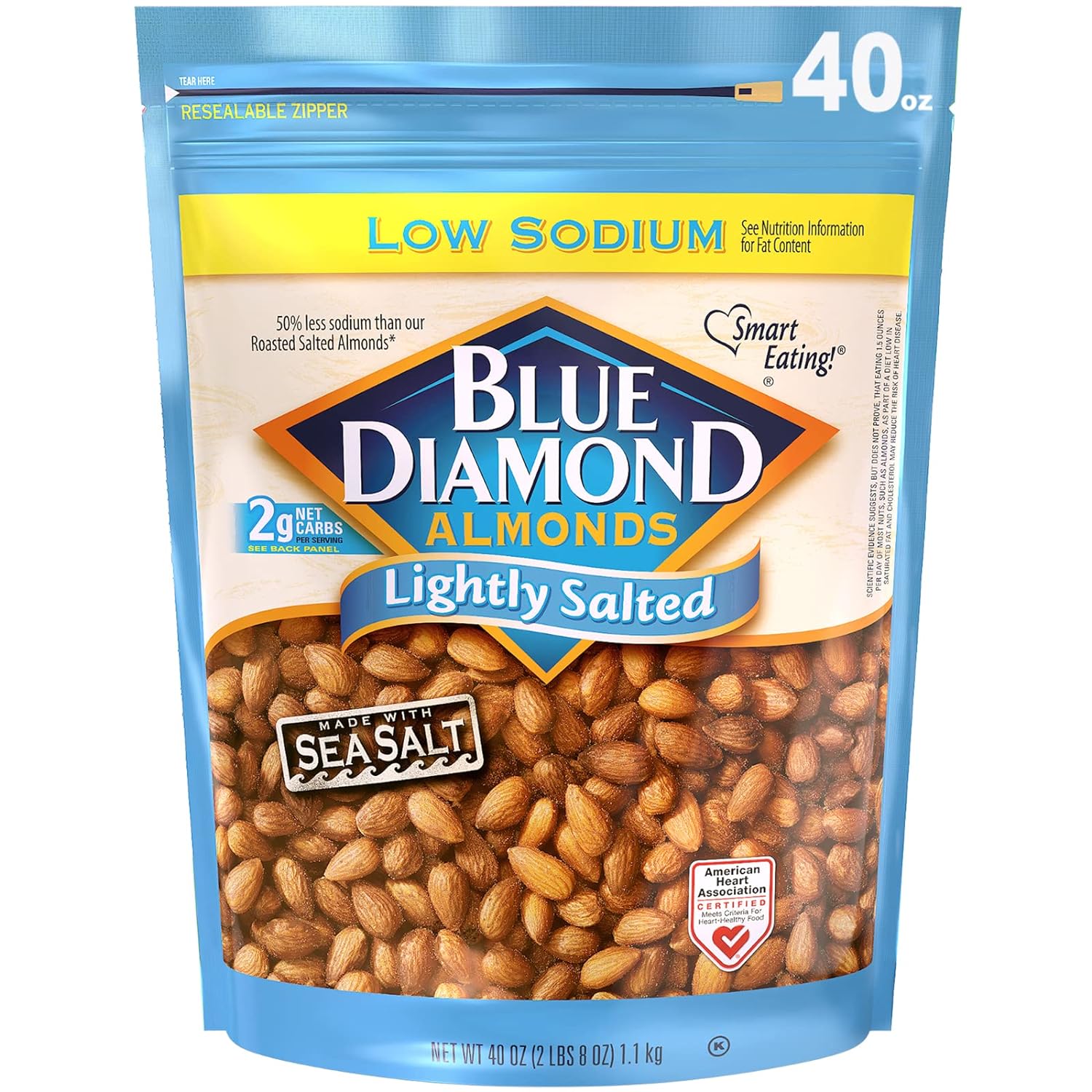 Blue Diamond Almonds Low Sodium Lightly Salted Snack Nuts, 40 Oz Resealable Bag (Pack of 1)
