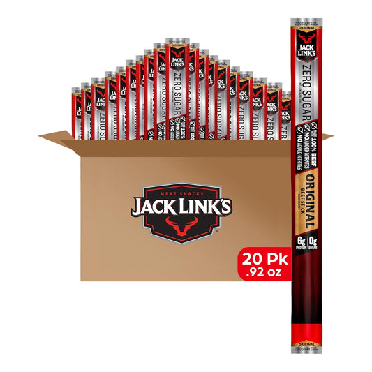 Jack Link's Beef Sticks, Zero Sugar, Original – Protein Snack, Meat Stick with 6g of Protein, Made with 100% Beef, No Added MSG – 0.92 Oz (Pack of 20)
