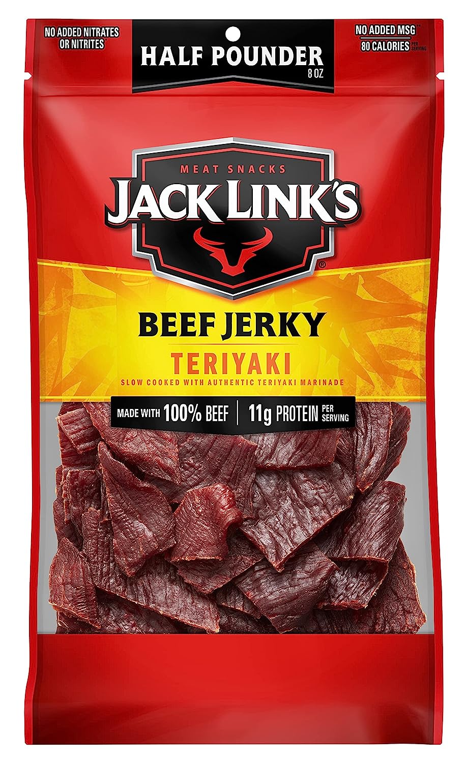 Jack Link's Beef Jerky, Teriyaki, ½ Pounder Bag - Flavorful Meat Snack, 11g of Protein and 80 Calories, Made with Premium Beef - 96 Percent Fat Free, No Added MSG or Nitrates/Nitrites