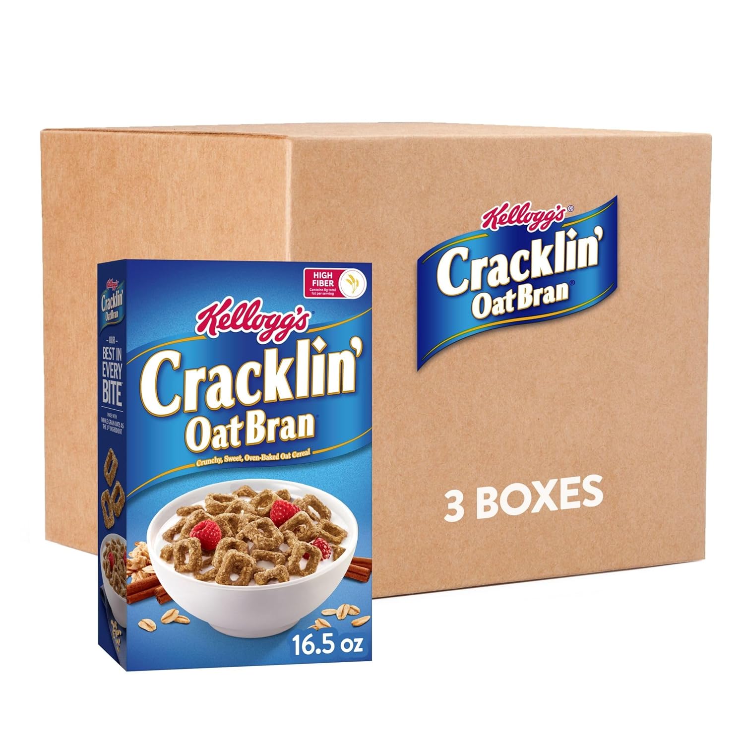 Kellogg's Cracklin' Oat Bran Breakfast Cereal, Fiber Cereal, Family Cereal, Original (3 Boxes)