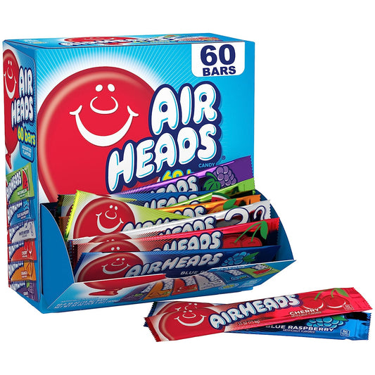 Airheads Candy Bars, Variety Bulk Box, Chewy Full Size Fruit Taffy, Gifts, Holiday, Parties, Concessions, Pantry, Non Melting, Party, 60 Individually Wrapped Full Size Bars
