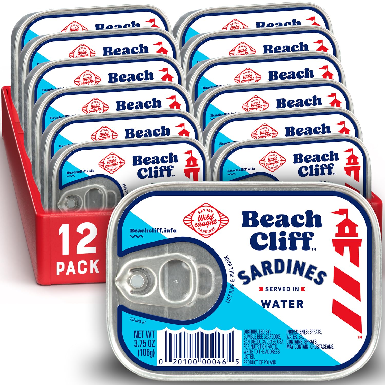 Beach Cliff Sardines in Water, 3.75 oz Can (Pack of 12) - Wild Caught Sardines - 12g Protein per Serving - Gluten Free, Keto Friendly - Great for Pasta & Seafood Recipes,