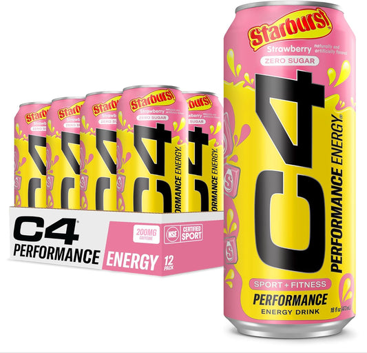 Cellucor C4 Energy Drink, STARBURST Strawberry, Carbonated Sugar Free Pre Workout Performance Drink with no Artificial Colors or Dyes, Pack of 12