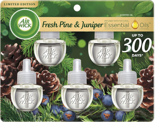 Air Wick Plug in Scented Oil Refill, 5 ct, Fresh Pine and Juniper, Air Freshener, Essential Oils, Fall Scent, Fall Décor
