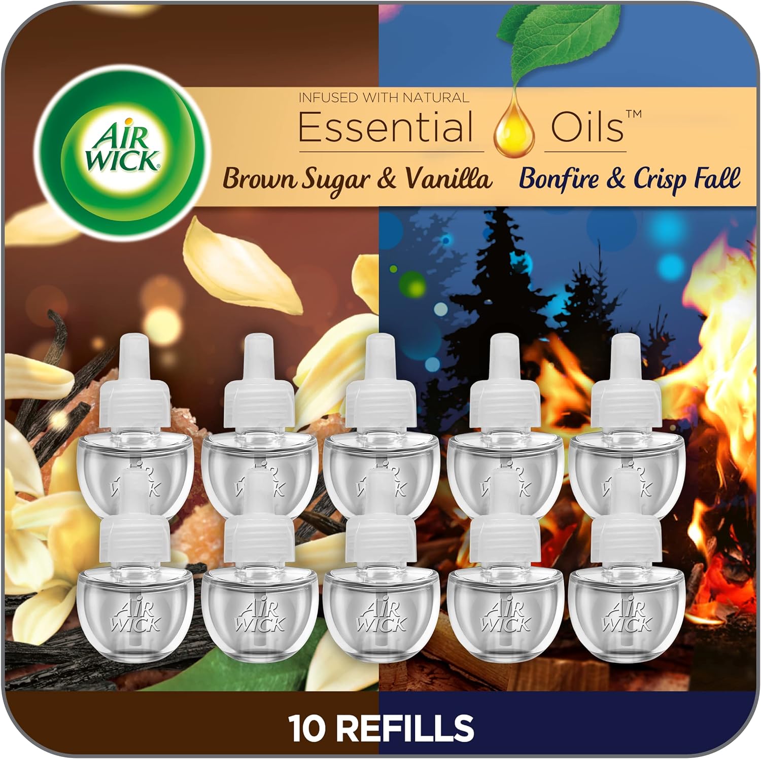 Air Wick Plug In Scented Oil Refill, 10ct, Bonfire & Crisp Fall Air + Brown Sugar & Vanilla, Essential Oils, Air Freshener
