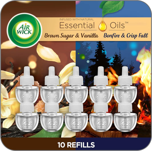 Air Wick Plug In Scented Oil Refill, 10ct, Bonfire & Crisp Fall Air + Brown Sugar & Vanilla, Essential Oils, Air Freshener
