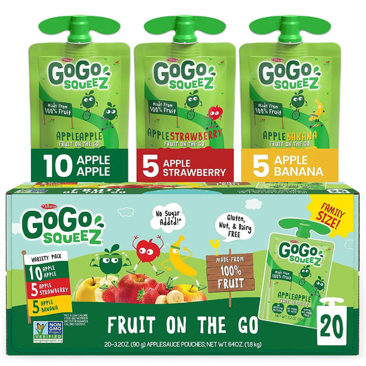 GoGo squeeZ Fruit on the Go Variety Pack, Apple, Banana & Strawberry, 3.2 oz (Pack of 20), Unsweetened Snacks for Kids, Gluten Free, Nut and Dairy Free, Recloseable Cap, BPA Free Pouches