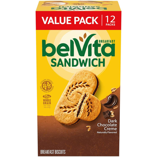 belVita Breakfast Sandwich Dark Chocolate Creme Breakfast Biscuits, Value Pack, 12 Packs (2 Sandwiches Per Pack)