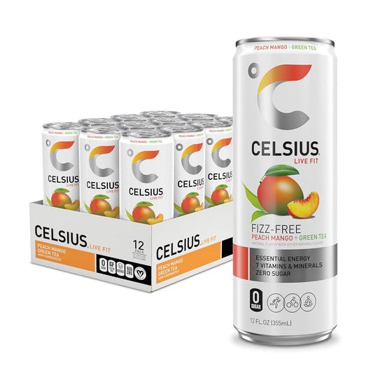 CELSIUS Peach Mango Green Tea, Functional Essential Energy Drink 12 Fl Oz (Pack of 12)
