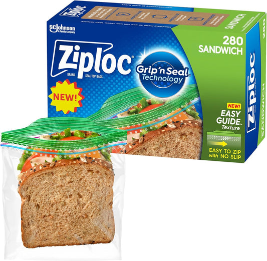 Ziploc Sandwich and Snack Bags, Storage Bags for On the Go Freshness, Grip 'n Seal Technology for Easier Grip, Open, and Close, 280 Count