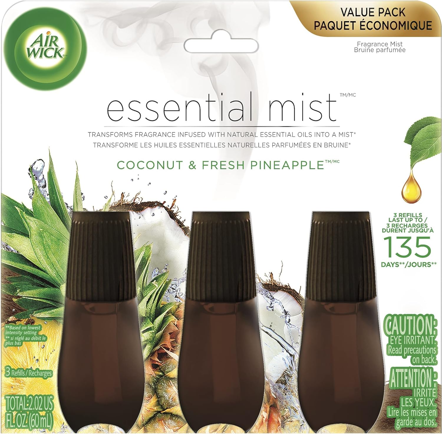 Air Wick Essential Mist Refill, 3 ct, Coconut and Pineapple, Essential Oils Diffuser, Air Freshene