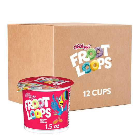 Kellogg's Froot Loops Breakfast Cereal Cups, Fruit Flavored, Breakfast Snacks with Vitamin C, Original, 18oz Case (12 Cups)