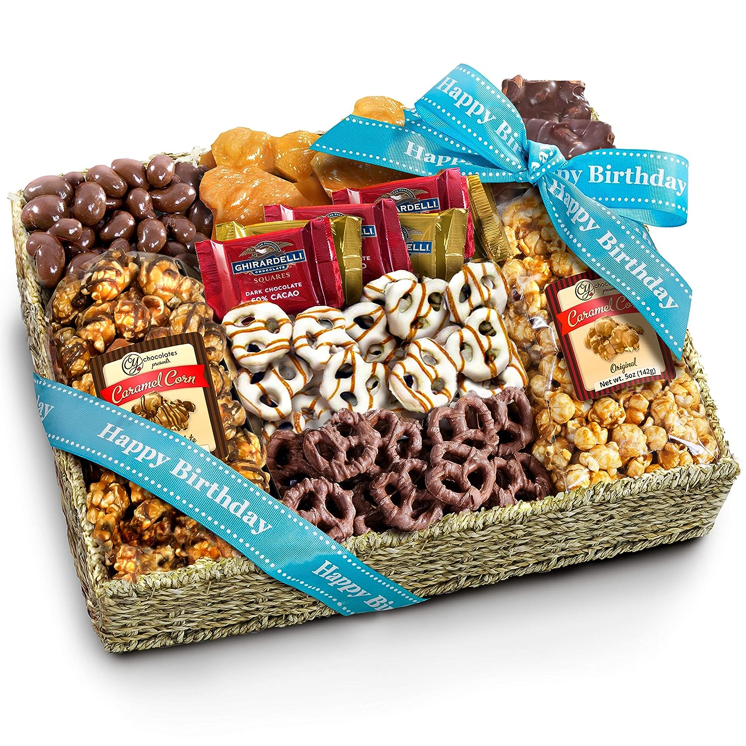 ]A Gift Inside Birthday Chocolate Caramel and Crunch Grand Gift Basket with Snacks, Pretzels, Ghirardelli and Chocolate-covered Nuts