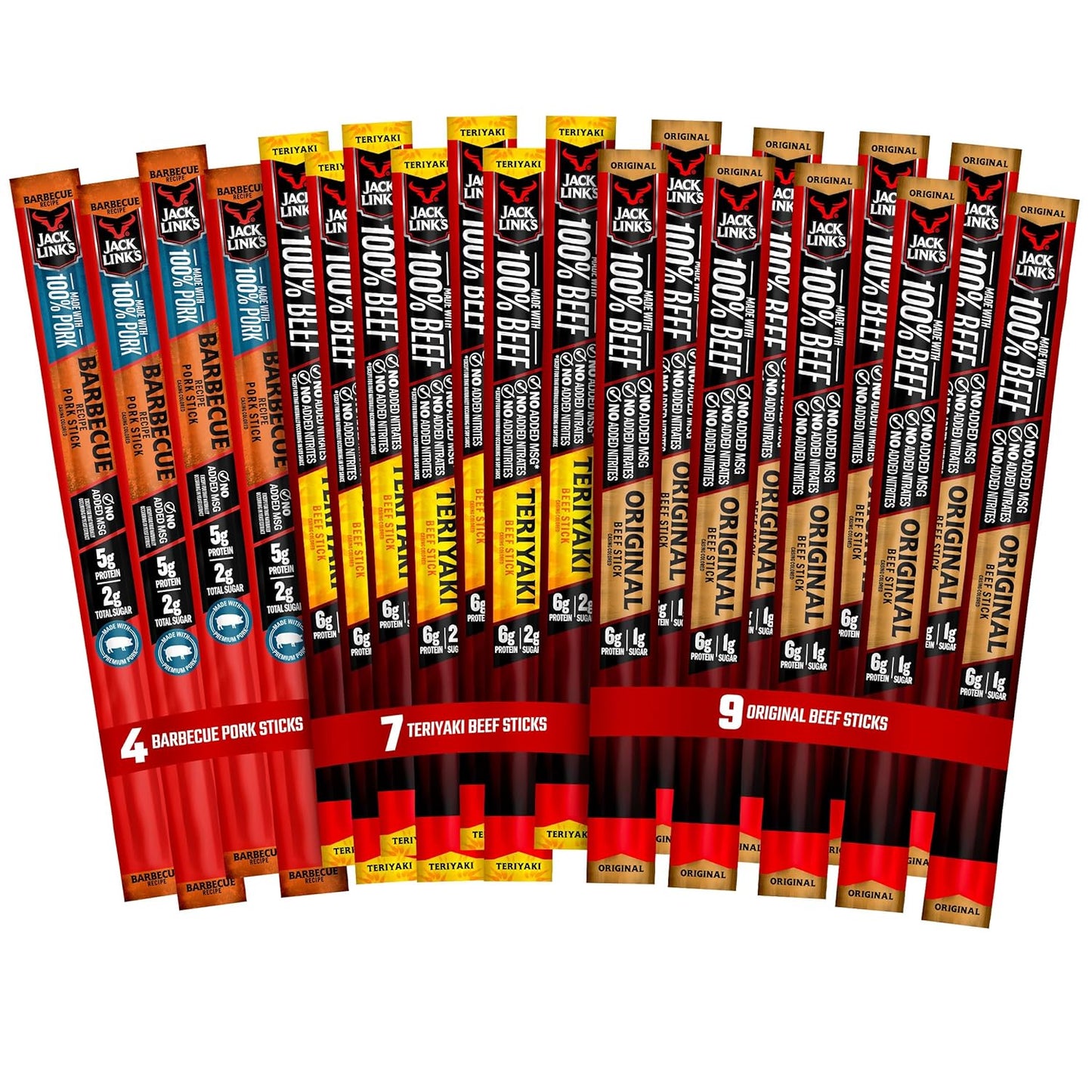 Jack Link's Beef Sticks - Includes (9) Original, (7) Teriyaki, (4) Barbecue Pork‚ Protein Snack, Great Father's Day Gifts for Dad, Bulk Meat Stick Snack Pack, No Added MSG – 0.92 Oz. (20 Count)
