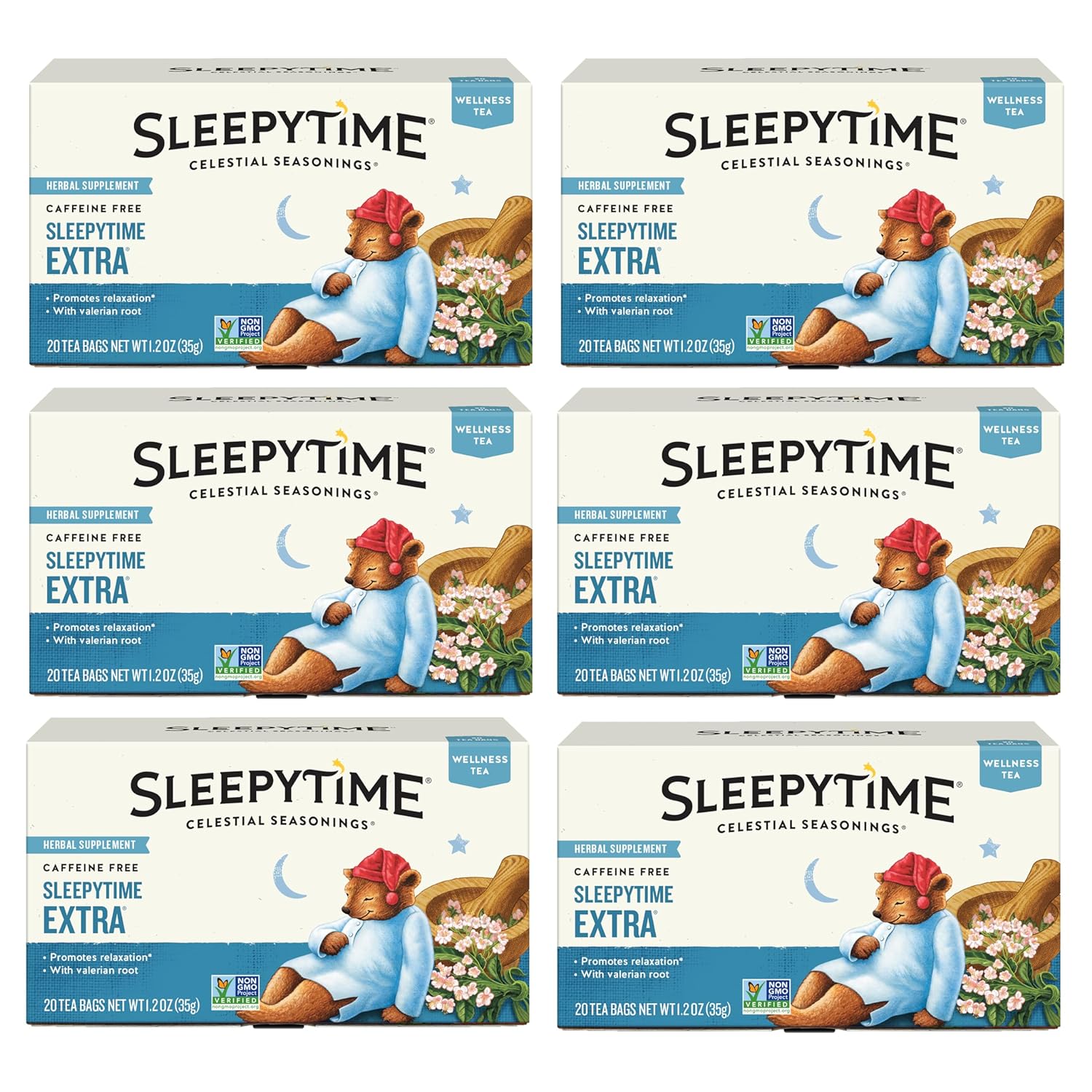 Celestial Seasonings Sleepytime Wellness Extra Tea, Caffeine Free, 20 Tea Bags Box, (Pack of 6)