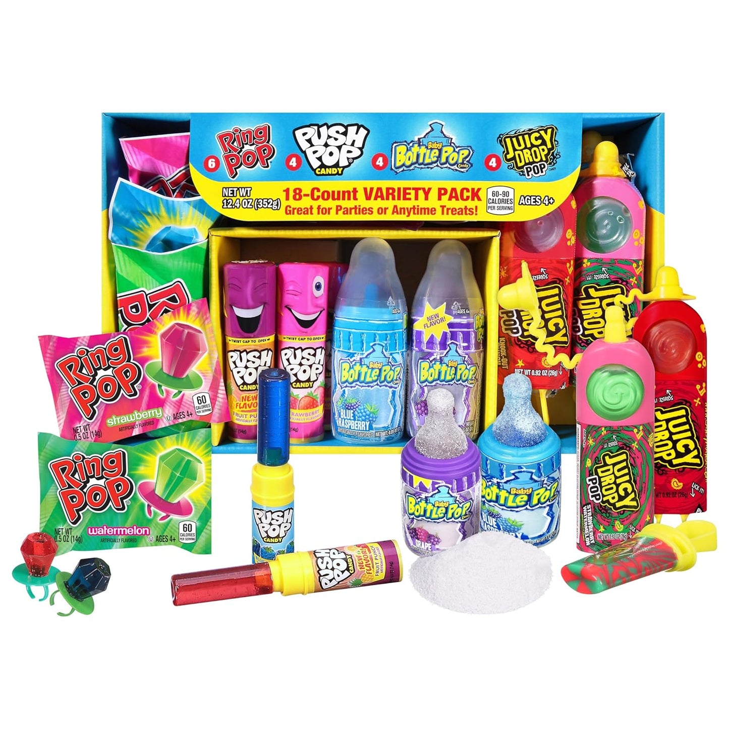 Bazooka Candy Brands Variety Candy Box - 18 Count Summer Candy Lollipops from Ring Pop, Push Pop, Baby Bottle Pop & Juicy Drop - Fun Candy For Birthdays, Party Favors, Pool Parties & Summer Fun