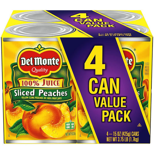 Del Monte Yellow Cling Sliced Peaches in 100% Juice, Canned Fruit, 4 Pack, 15 oz Cans