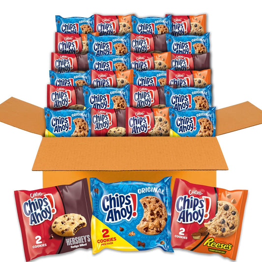 CHIPS AHOY! Cookie Variety Pack, Original Chocolate Chip, Chewy Chocolate Chip with Reese's Peanut Butter Cups & Chewy Hershey's Fudge Filled Soft Cookies, 50 Snack Packs (2 Cookies Per Pack)